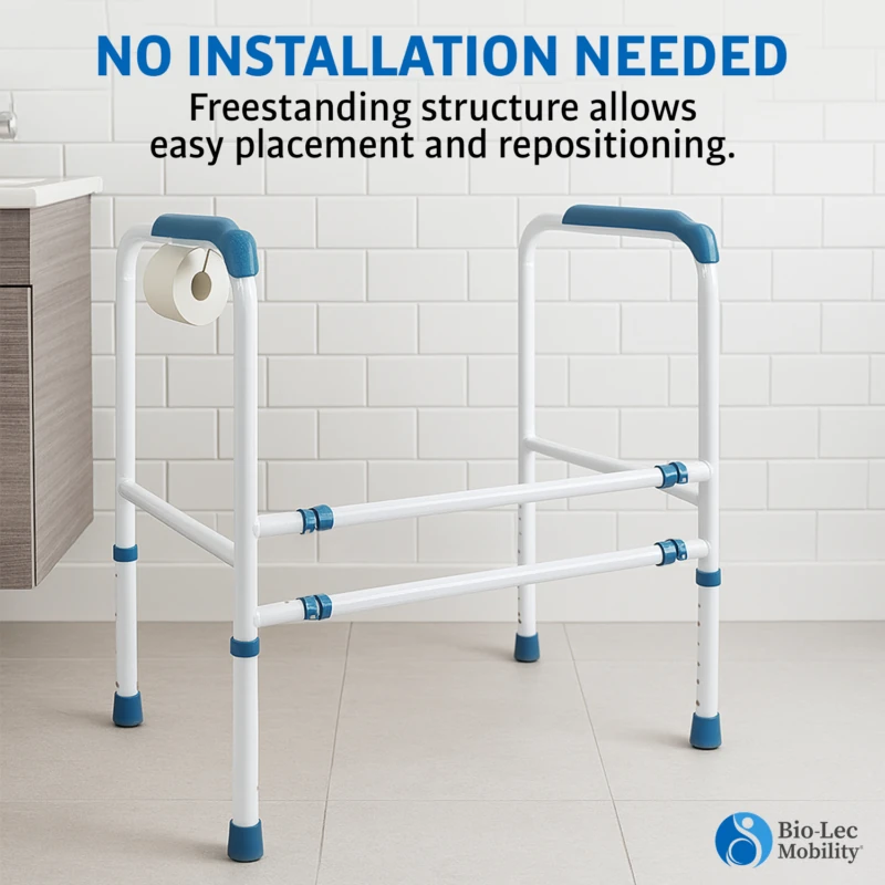 Freestanding toilet support frame with toilet roll holder and blue handles.