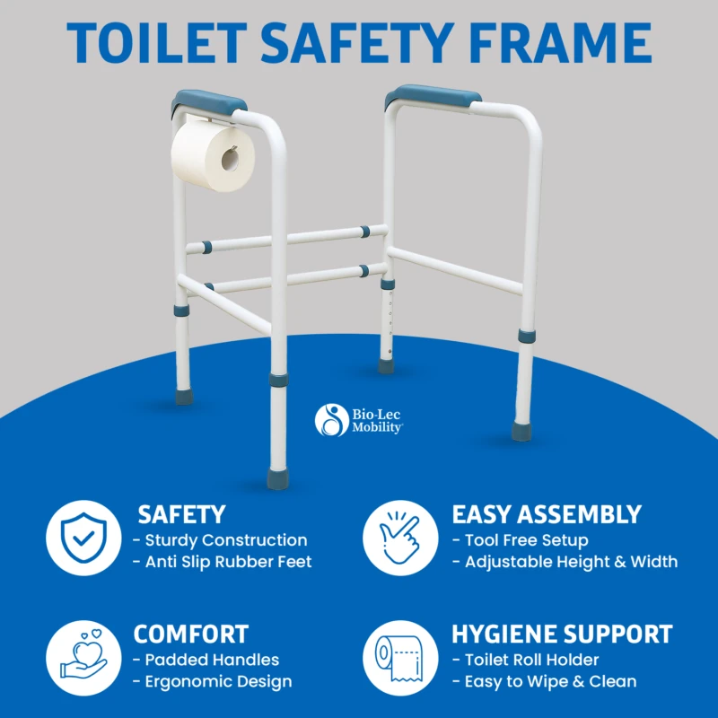 Adjustable toilet safety frame with toilet roll holder and ergonomic handles.