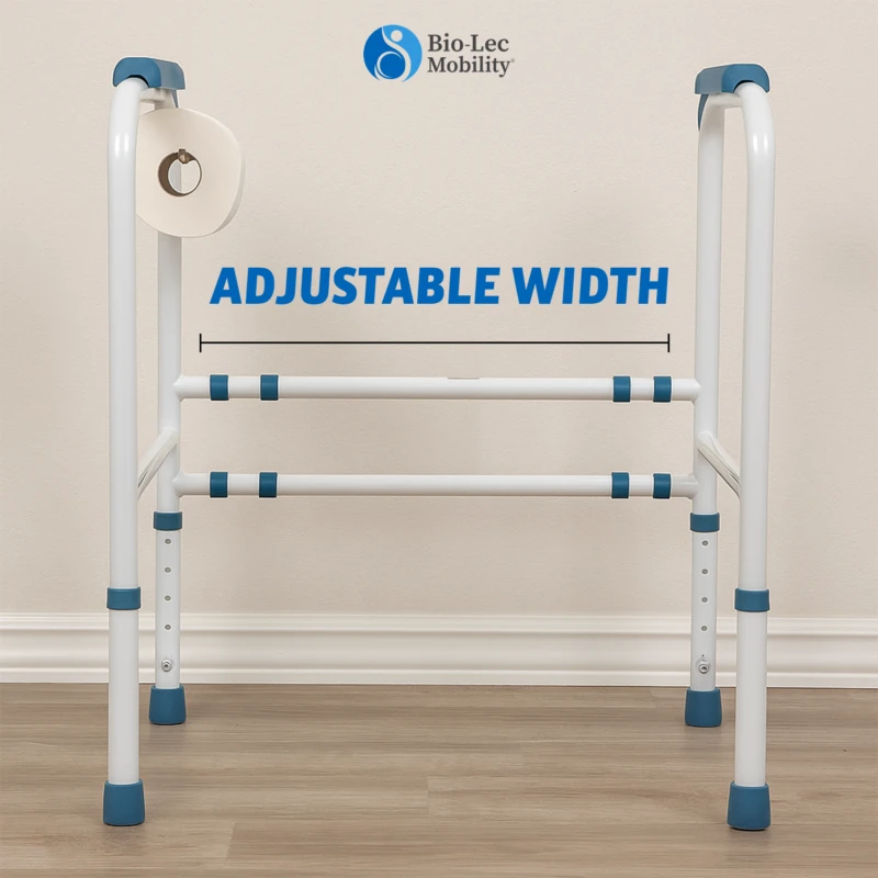 Toilet support frame with adjustable width and toilet roll holder.