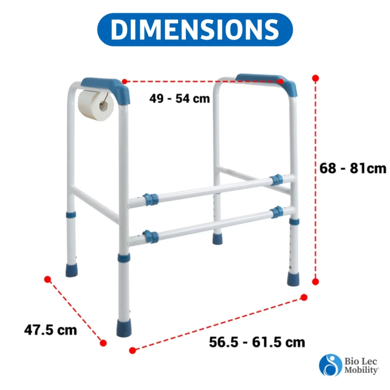 Toilet support frame with dimensions labeled in centimeters.