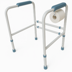 Adjustable toilet support frame with toilet roll holder and ergonomic handles.