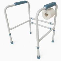 Adjustable toilet support frame with toilet roll holder and ergonomic handles.