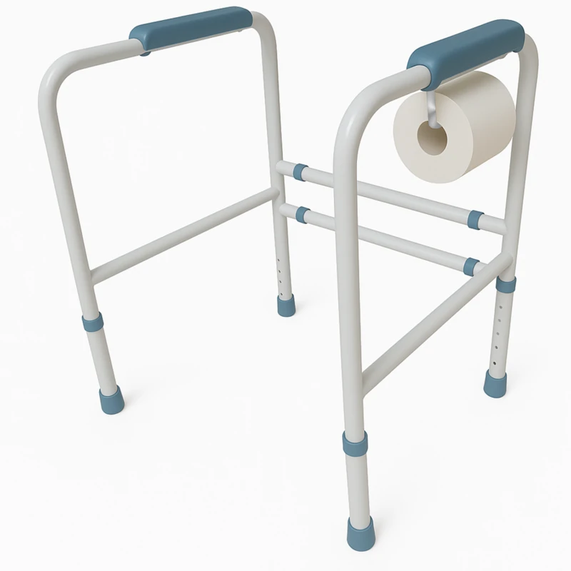 Adjustable toilet support frame with toilet roll holder and ergonomic handles.
