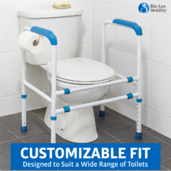 Toilet support frame with ergonomic handles and roll holder around a toilet.