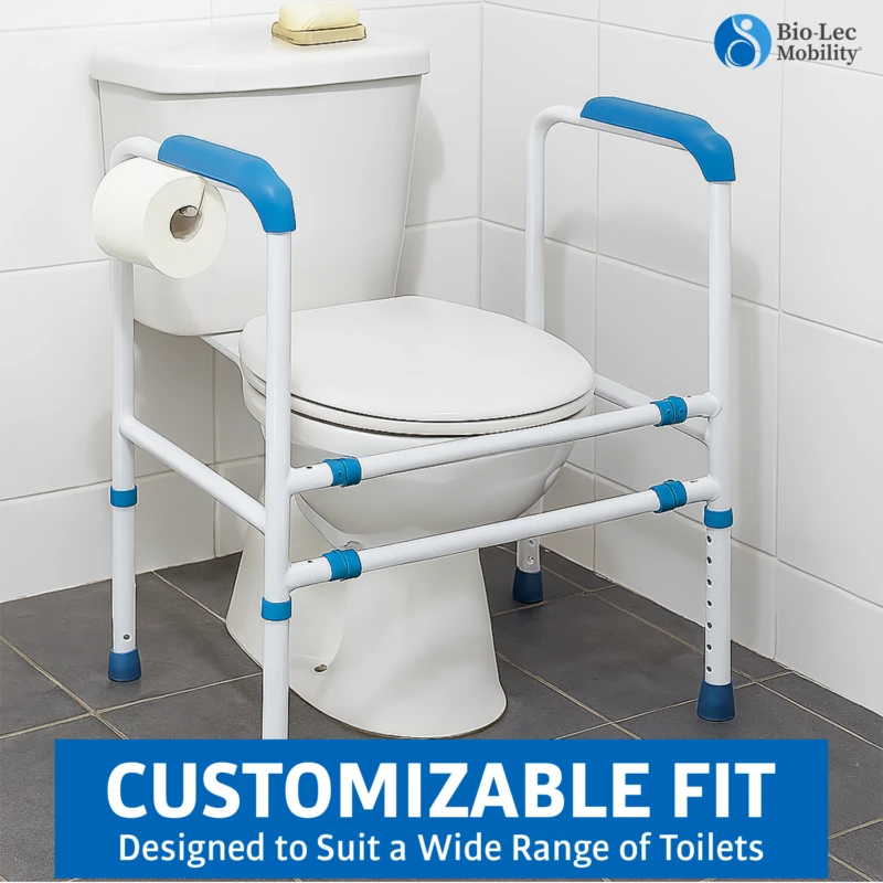 Toilet support frame with ergonomic handles and roll holder around a toilet.