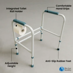 Adjustable toilet support frame with ergonomic grips and toilet roll holder.