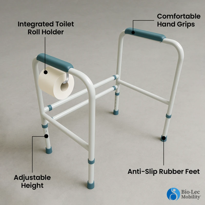 Adjustable toilet support frame with ergonomic grips and toilet roll holder.