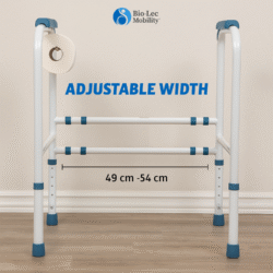 Toilet support frame with adjustable width and roll holder.
