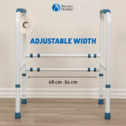 Toilet support frame with adjustable width and roll holder.