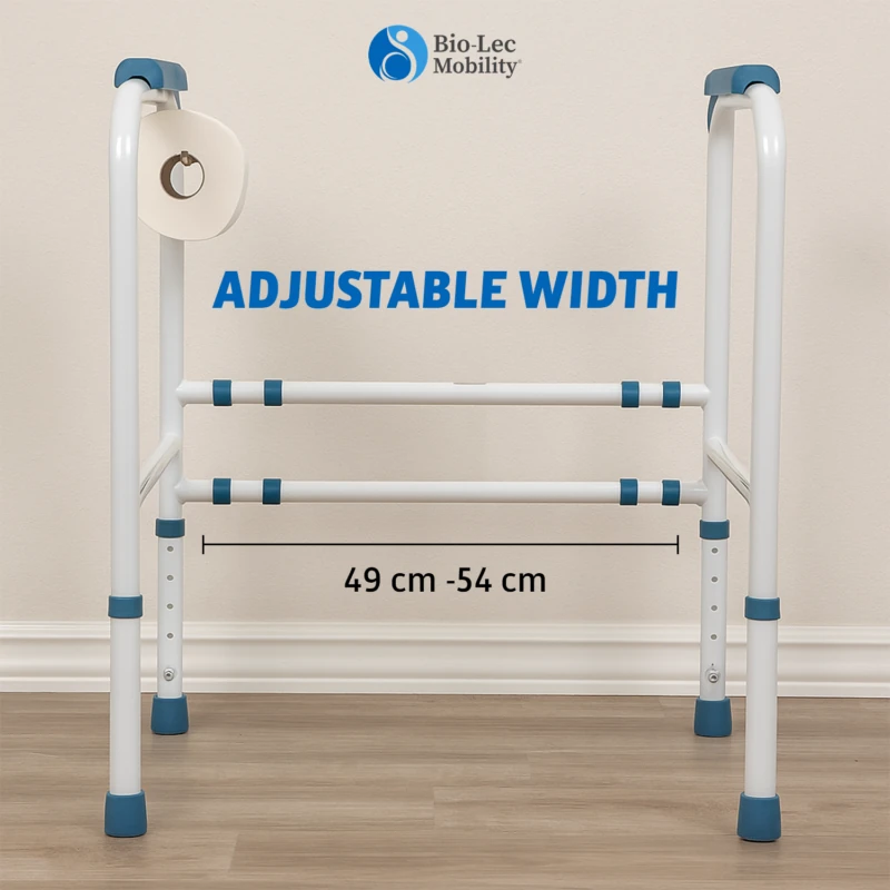Toilet support frame with adjustable width and roll holder.