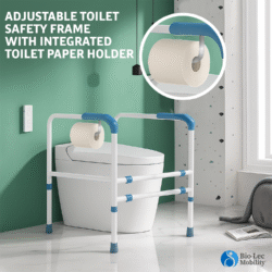 Toilet support frame with integrated toilet roll holder next to a toilet.