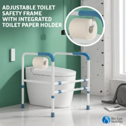 Toilet support frame with integrated toilet roll holder next to a toilet.