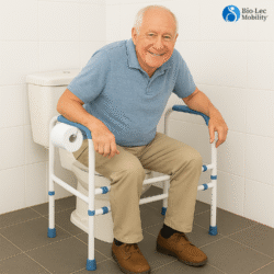 Elderly man sitting on a toilet with a support frame and toilet roll holder.