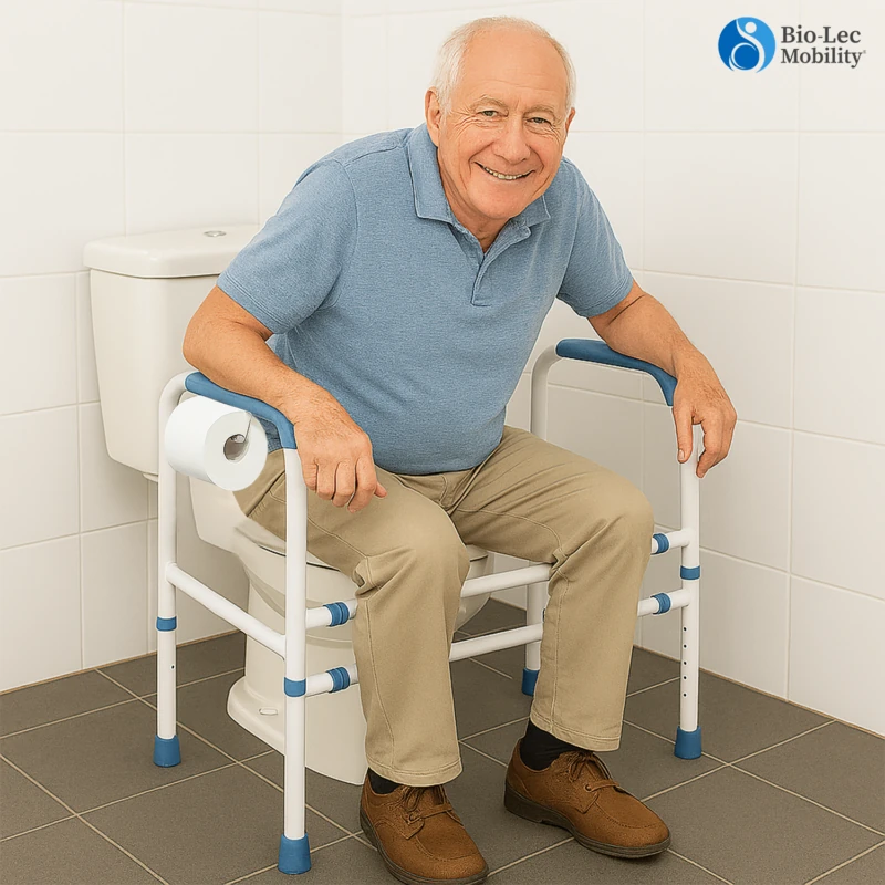 Elderly man sitting on a toilet with a support frame and toilet roll holder.