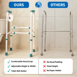 Comparison of two toilet support frames, one with features like hand grips and toilet roll holder.
