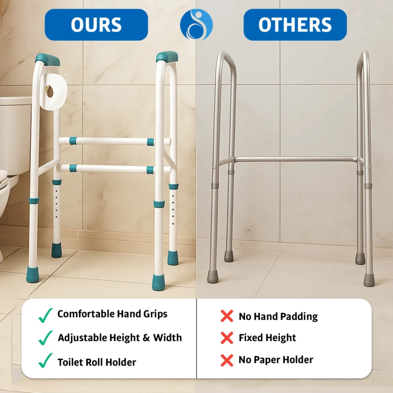 Comparison of two toilet support frames, one with features like hand grips and toilet roll holder.