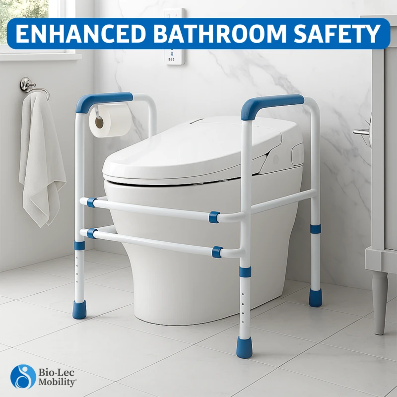 Toilet support frame with ergonomic handles and toilet roll holder.