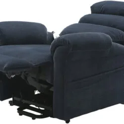Blue recliner chair fully extended with legrest and backrest reclined.