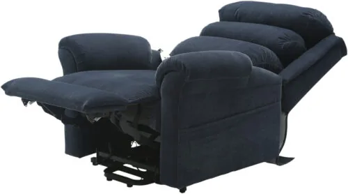 Blue recliner chair fully extended with legrest and backrest reclined.