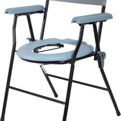 Folding commode chair with blue seat and backrest.