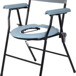 Folding commode chair with blue seat and backrest.