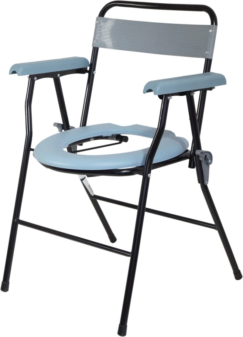 Folding commode chair with blue seat and backrest.