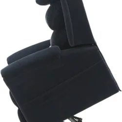 Side view of a blue recliner chair in a raised position.