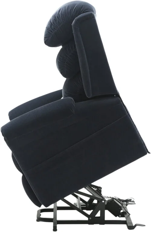 Side view of a blue recliner chair in a raised position.
