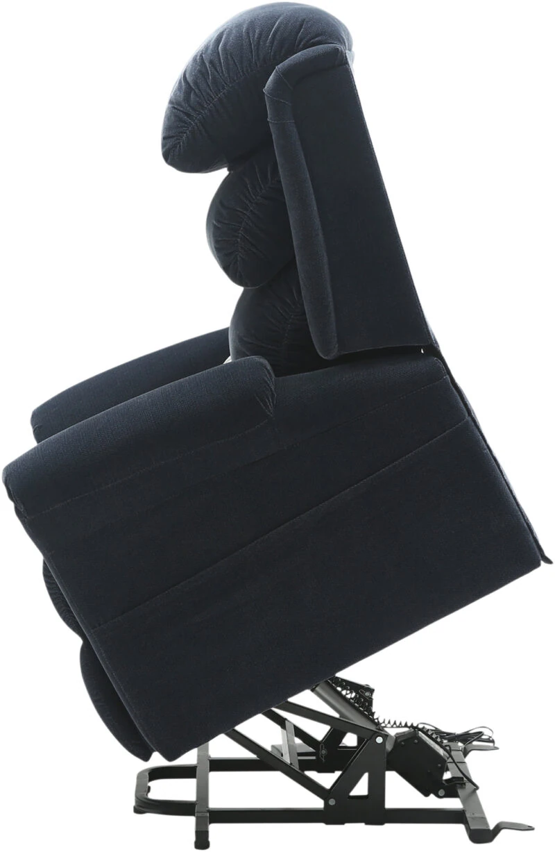 Side view of a blue recliner chair in a raised position.