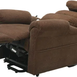 Brown recliner chair fully extended with visible motors.
