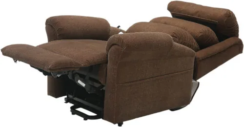 Brown recliner chair fully extended with visible motors.