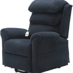 Blue recliner chair with a handset on the armrest.