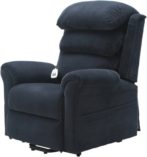 Blue recliner chair with a handset on the armrest.