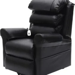 Black rise and recliner chair with a control handset.