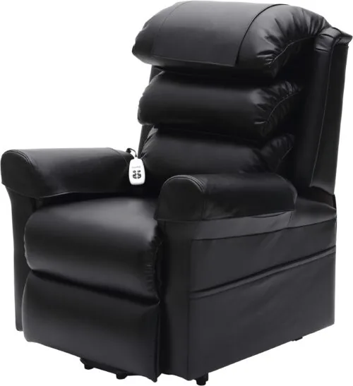 Black rise and recliner chair with a control handset.