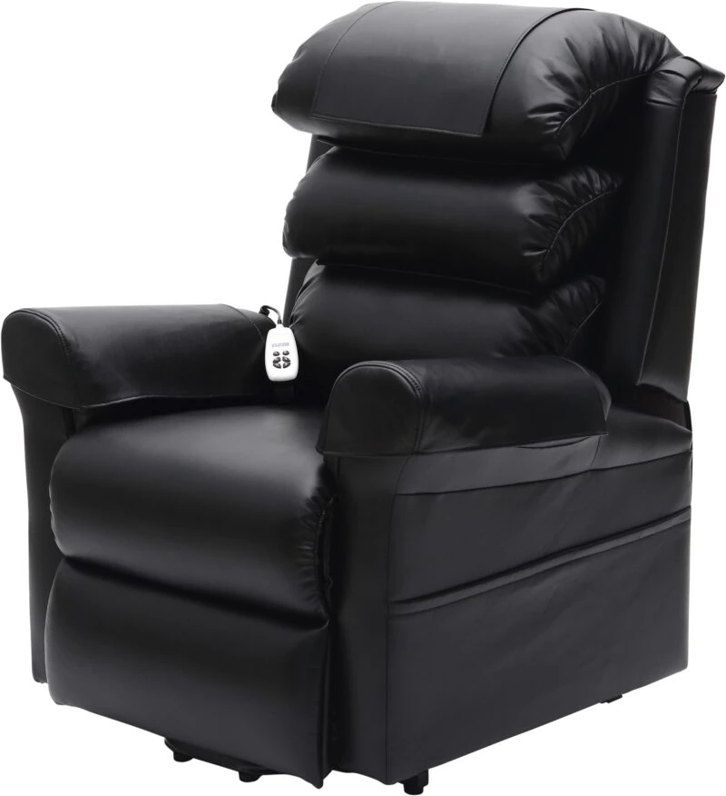 Black rise and recliner chair with a control handset.