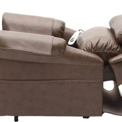 Brown recliner chair fully extended with visible control remote.