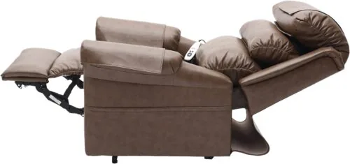 Brown recliner chair fully extended with visible control remote.
