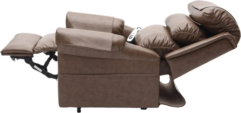Brown recliner chair fully extended with visible control remote.