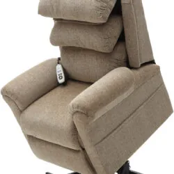 Oatmeal rise recliner chair with remote control on the armrest.