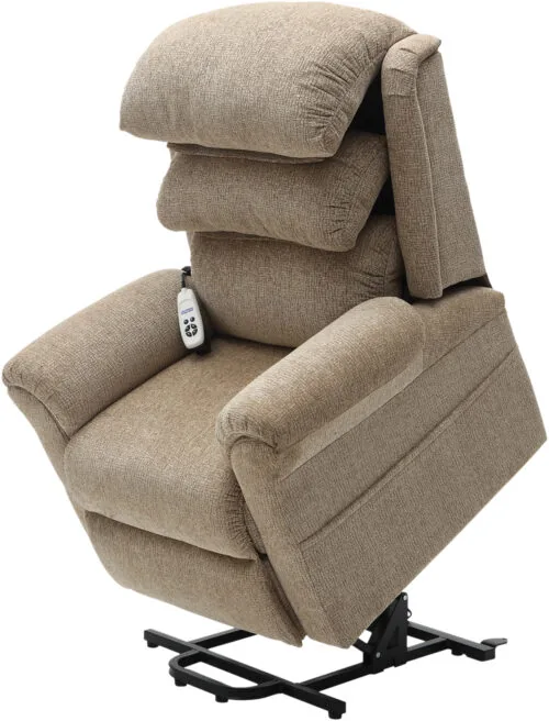 Oatmeal rise recliner chair with remote control on the armrest.