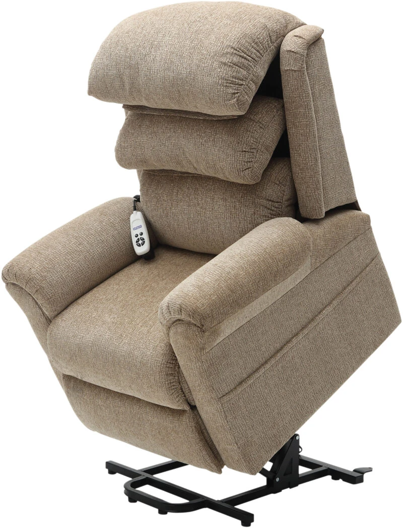 Oatmeal rise recliner chair with remote control on the armrest.