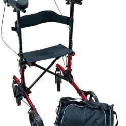 Red and black forearm rollator with a detachable black bag.