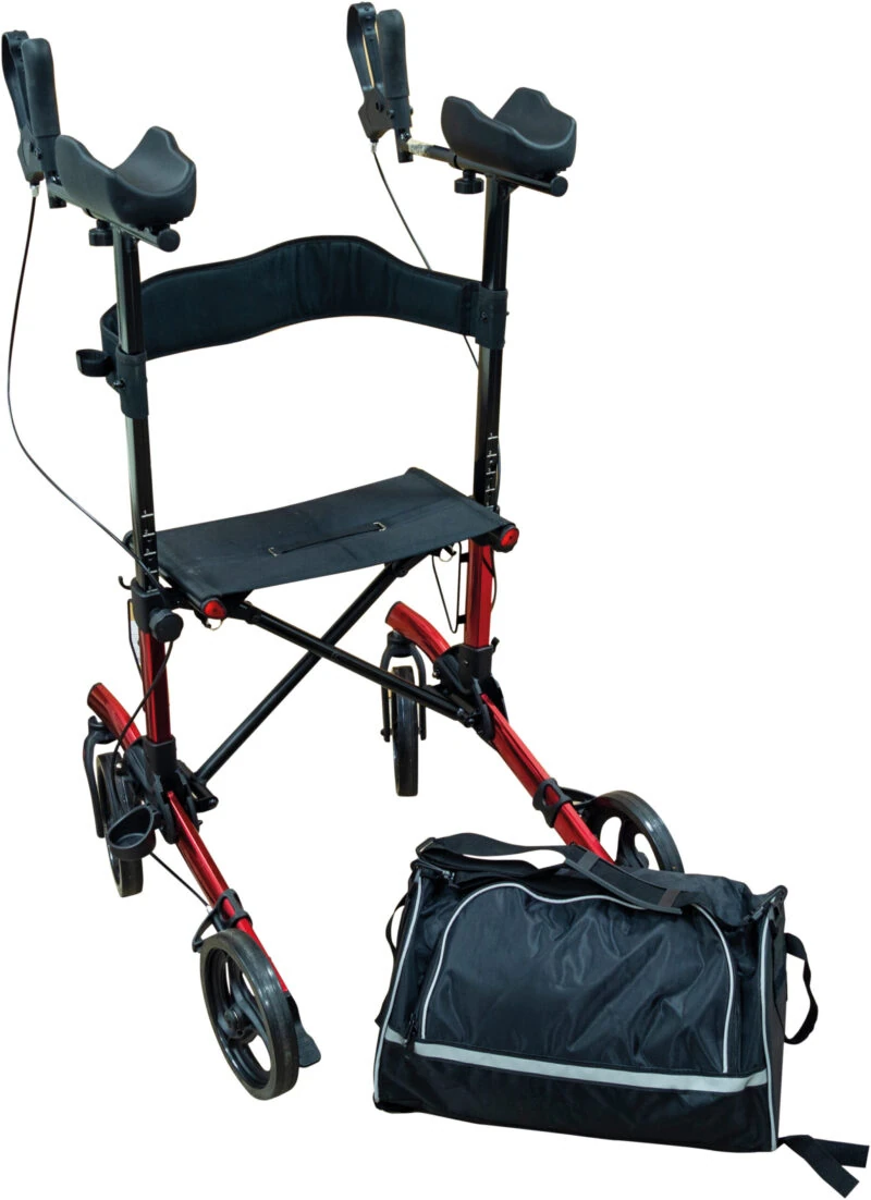 Red and black forearm rollator with a detachable black bag.