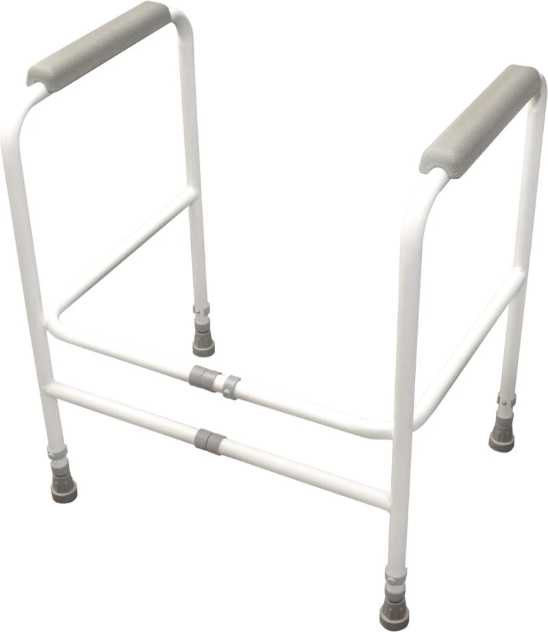 White adjustable toilet support frame with grey grips and rubber feet.