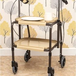 Two-tier indoor trolley with brakes and a cup on the top tray.