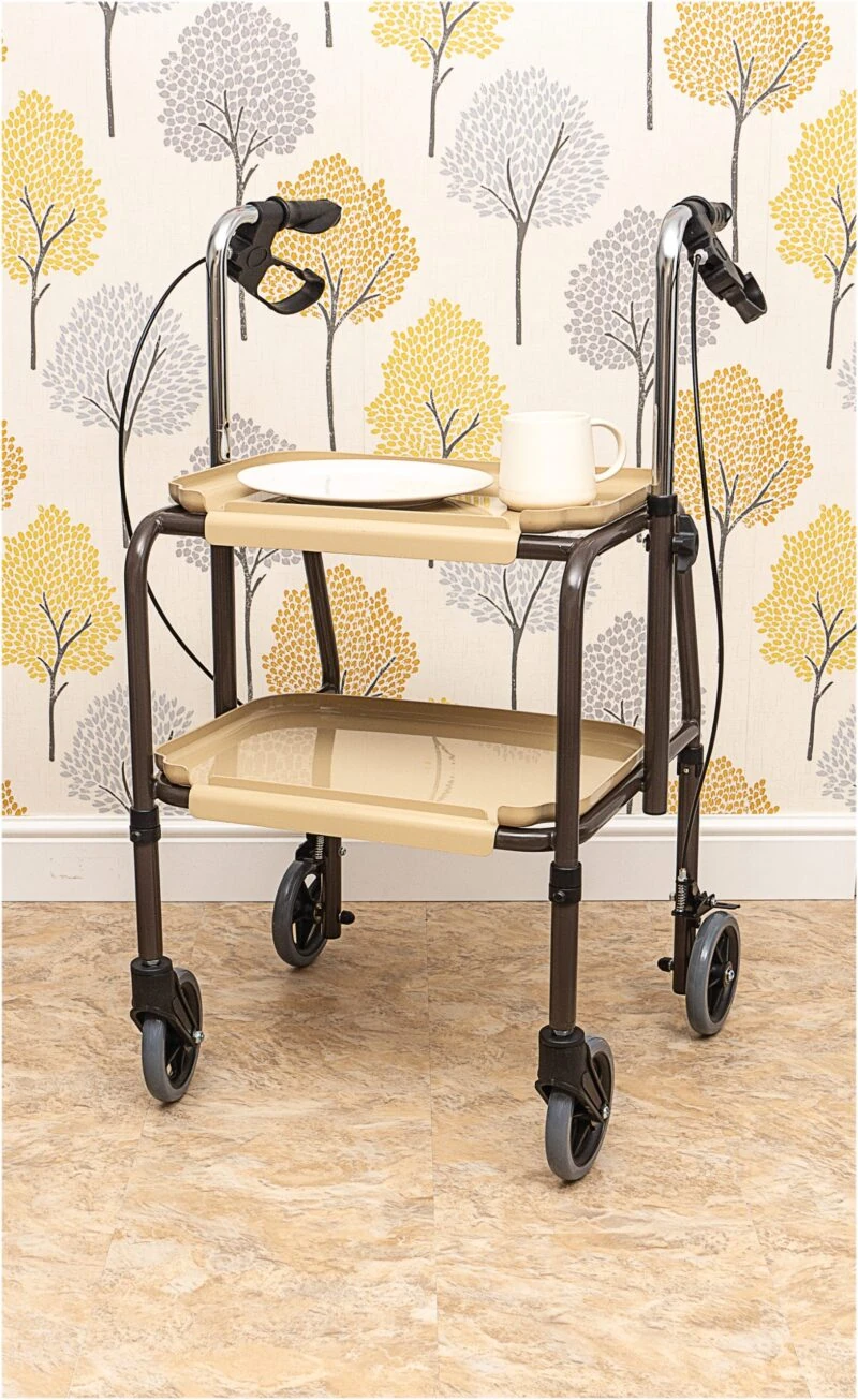 Two-tier indoor trolley with brakes and a cup on the top tray.