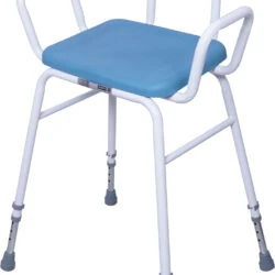 Blue padded perching stool with white frame and adjustable legs.
