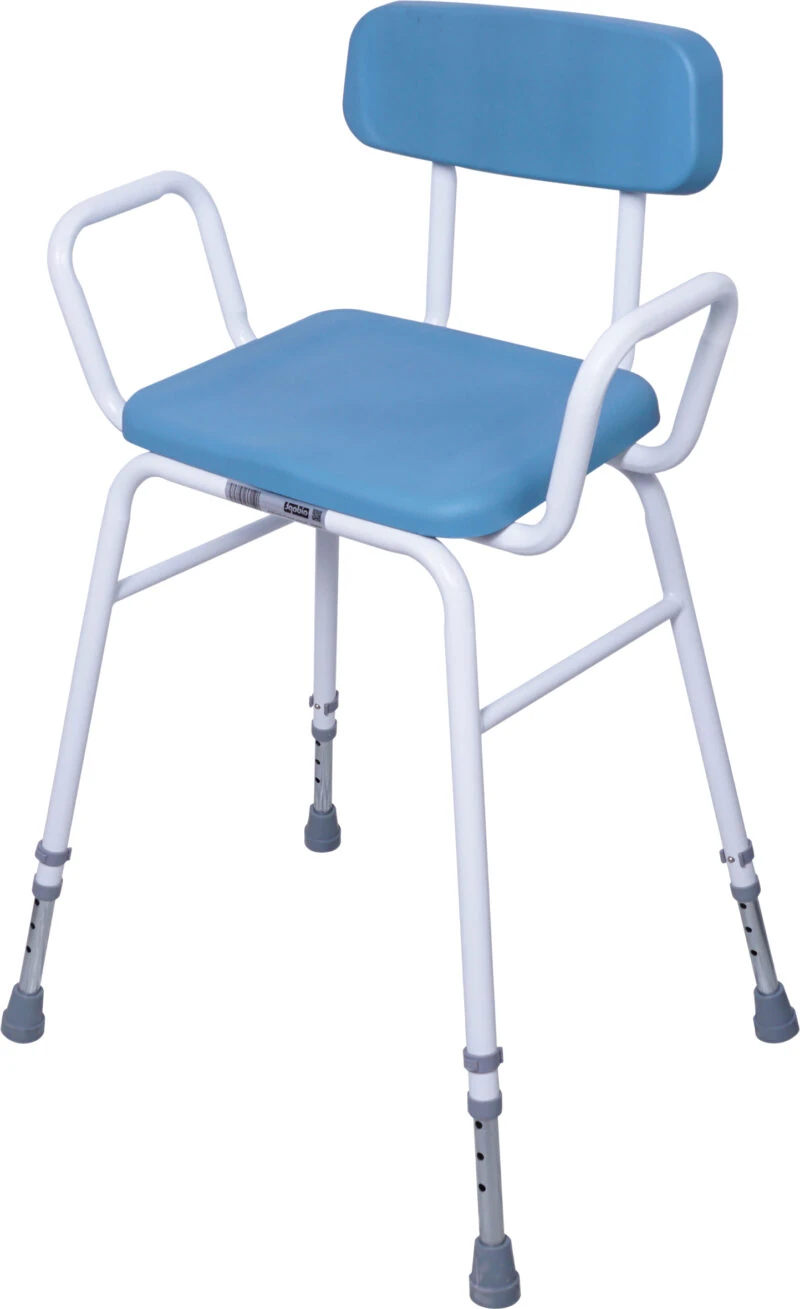 Blue padded perching stool with white frame and adjustable legs.