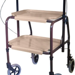 Indoor mobility trolley with two trays and handle brakes.
